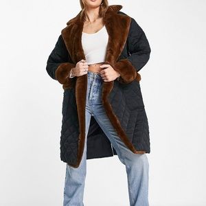 The Frolic Faux Fur Trim Coat in Black & Brown